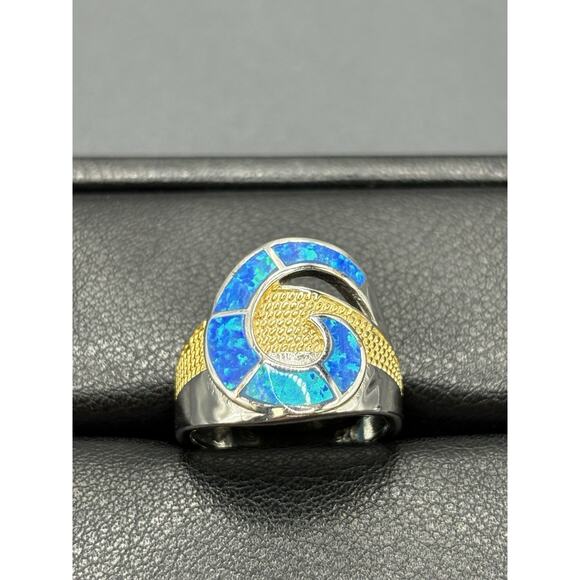 New Condition Two Tone Lab Blue Opal Ring Size 7 - Picture 3 of 11